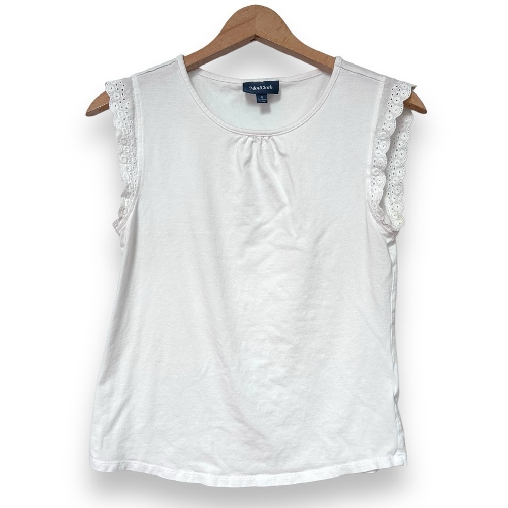 MODCLOTH | Glam Garnish Eyelet Flutter Ruffle Sleeve Trim Tank Crewneck White S